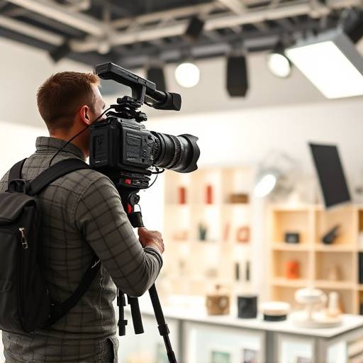 Camera crew meticulously filming a commercial scene in a brightly lit studio, showcasing product.